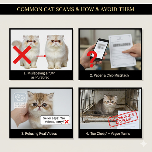 Bộ ảnh bốn tình huống lừa đảo mèo cảnh phổ biến như gọi lai thành thuần, giấy–chip không khớp, né video thật và giá rẻ bất thường.
