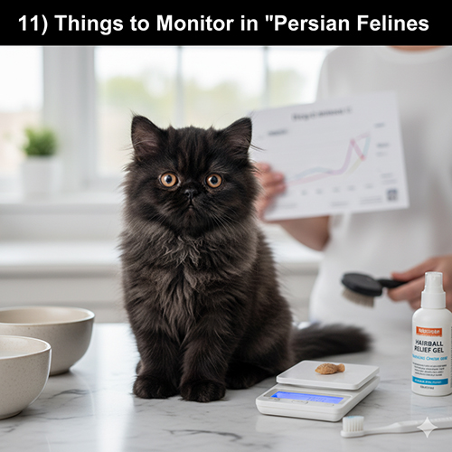 Mèo Ba Tư con màu đen ngồi trên bàn cùng cân điện tử, gel hairball và biểu đồ theo dõi sức khỏe