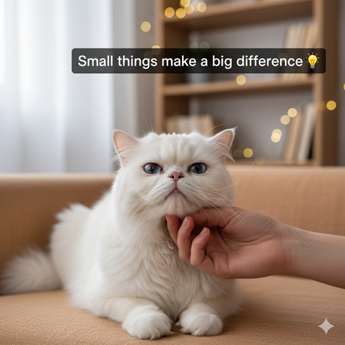 Mèo Ba Tư trắng mắt xanh nằm trên ghế sofa màu be, được chủ dùng tay vuốt cằm trong phòng khách sáng dịu với đèn dây bokeh phía sau