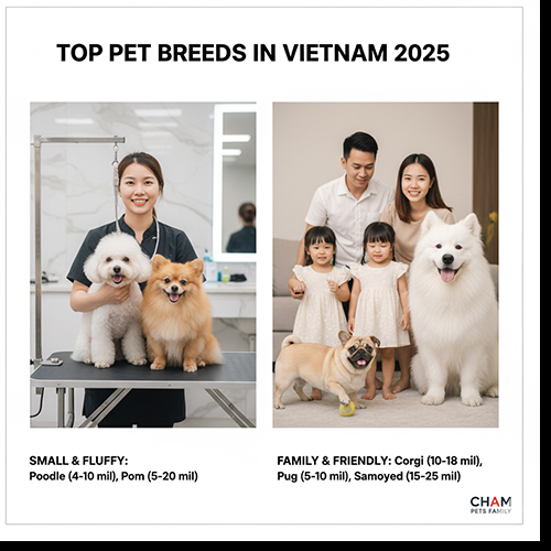 Nhân viên grooming chăm sóc Poodle và Phốc Sóc cùng gia đình Việt chụp ảnh với Samoyed, Corgi và Pug