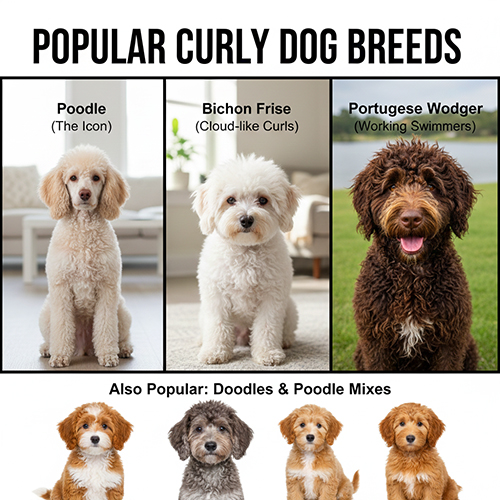 Các giống chó lông xoăn phổ biến gồm Poodle, Bichon Frise và chó nước lông xoăn