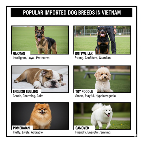 Những giống chó nhập khẩu phổ biến tại Việt Nam – hình ảnh Becgie Đức, Rottweiler, Bulldog Anh, Toy Poodle, Pomeranian và Samoyed