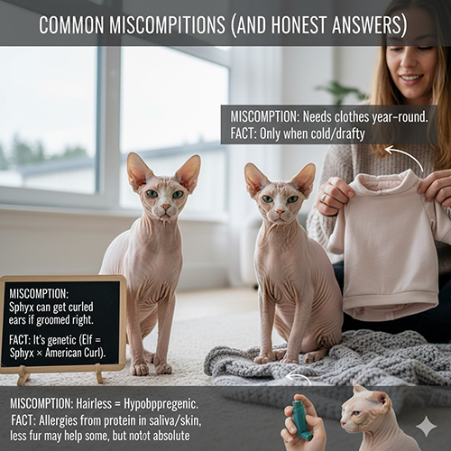 Hai mèo không lông ngồi cạnh bảng ghi các hiểu nhầm phổ biến, minh họa thông tin đúng về tai xoắn, dị ứng và lai nền.