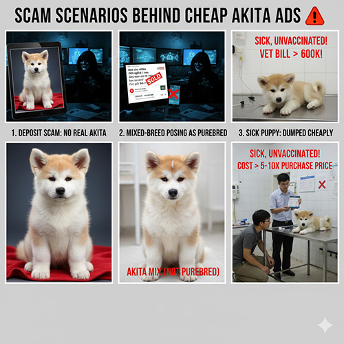 Ảnh minh họa các kịch bản lừa đảo phía sau tin bán chó Akita giá rẻ 600 nghìn