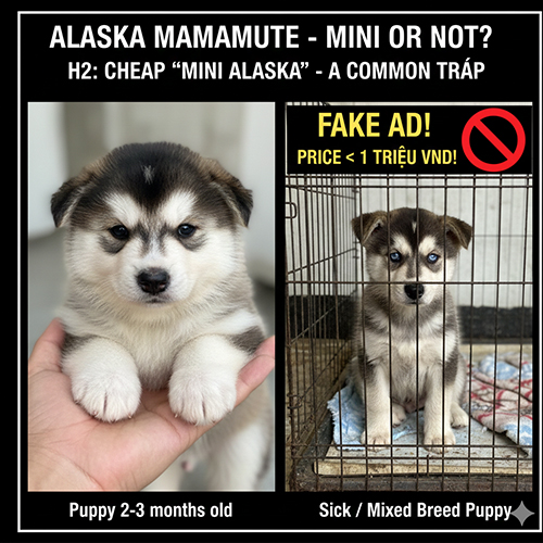 So sánh chó Alaska con 2–3 tháng tuổi và chó Alaska lai bệnh được rao bán giá rẻ