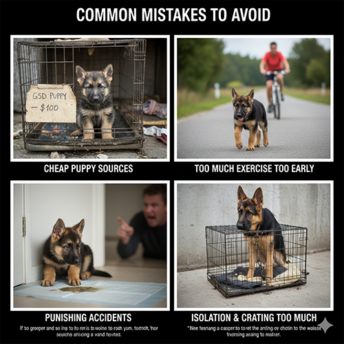 bộ ảnh mô tả các sai lầm phổ biến khi nuôi chó Becgie con như mua chó giá rẻ, cho vận động quá sớm, phạt cún và nhốt chuồng quá nhiều