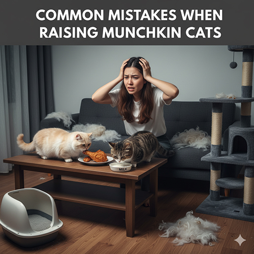 Căn phòng bừa bộn với lông mèo rơi vãi; cô gái căng thẳng nhìn hai mèo đang ăn trên bàn, khay cát để trống bên cạnh; minh họa các lỗi thường gặp khi nuôi mèo Munchkin.