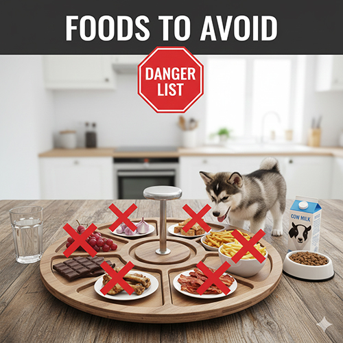 cac loai thuc pham can tranh khi nuoi cho alaska con de tranh dau bung