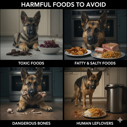 Những thực phẩm nguy hiểm chó Becgie Đức không nên ăn như chocolate, đồ mặn béo và xương nguy hiểm