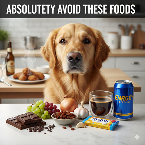 Chó Golden ngồi trước các thực phẩm độc hại như chocolate nho hành cà phê nước tăng lực và kẹo xylitol