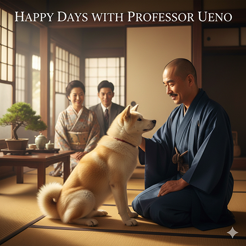 Chó Akita Inu ngồi cạnh giáo sư Ueno trong ngôi nhà Nhật truyền thống, gợi lại quãng đời hạnh phúc của Hachiko