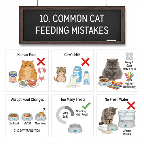 Những sai lầm phổ biến khi cho mèo ăn như ăn đồ người, uống sữa bò, thiếu nước