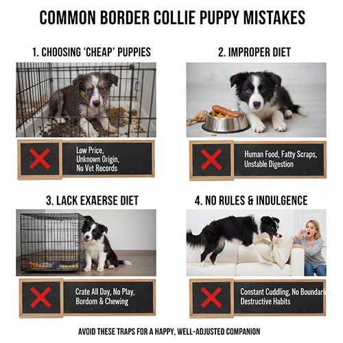Các sai lầm phổ biến khi nuôi Border Collie con như chọn chó rẻ, cho ăn sai, thiếu vận động và nuôi vô nguyên tắc