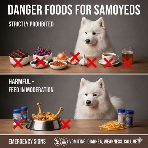 Các thực phẩm nguy hiểm cho chó Samoyed như chocolate nho hành tỏi rượu bia và đồ chiên nhiều dầu mỡ