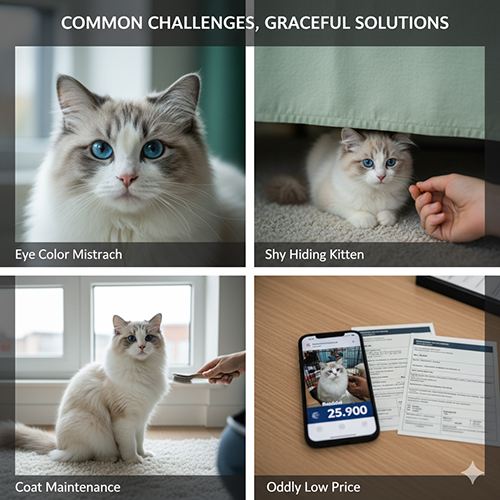 Bộ ảnh minh họa các tình huống thường gặp khi mua mèo Ragdoll như sai màu mắt, mèo con trốn dưới giường, chăm coat và tin rao giá rẻ