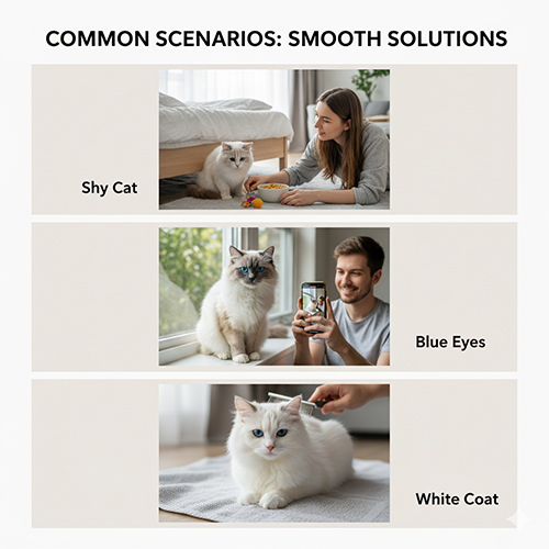 Ba tình huống thường gặp khi nuôi mèo Ragdoll: bé nhát trốn, đôi mắt xanh dưới ánh sáng khác nhau và bộ lông trắng cần chăm đều.