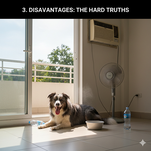 Border Collie nằm thở mệt trong phòng có quạt và nước do thời tiết nóng