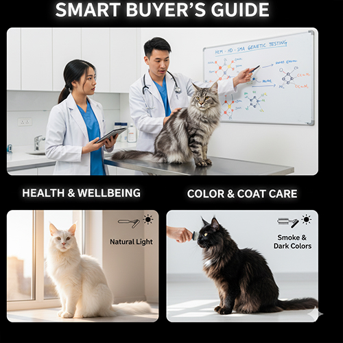 Hướng dẫn người mua mèo Maine Coon nhận diện form, kiểm tra màu dưới ánh sáng tự nhiên và lưu ý sức khỏe – hậu mãi