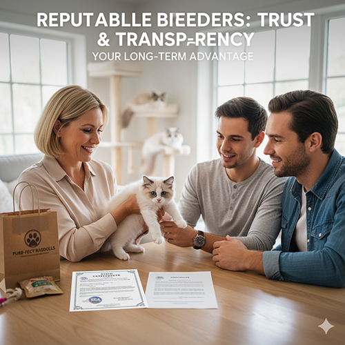 Người mua đang nhận mèo Ragdoll con từ nhà nhân giống uy tín với giấy tờ và hợp đồng rõ ràng