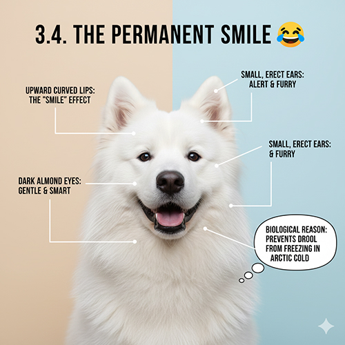 Cận cảnh khuôn mặt Samoyed với môi cong, mắt hạnh nhân và tai dựng nhỏ