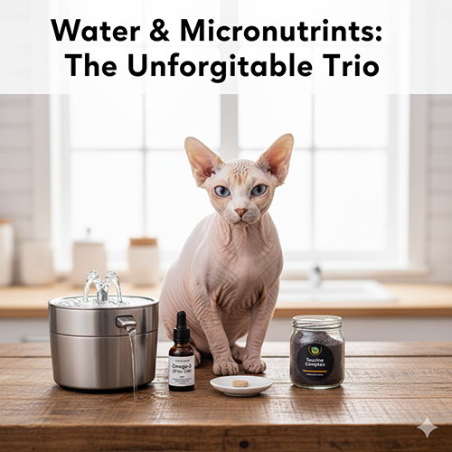 Mèo Sphynx bên đài phun nước, dầu omega-3 và viên vi chất minh họa tầm quan trọng của nước và dưỡng chất.