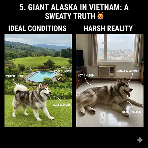 So sánh điều kiện nuôi chó Alaska khổng lồ lý tưởng và thực tế tại Việt Nam