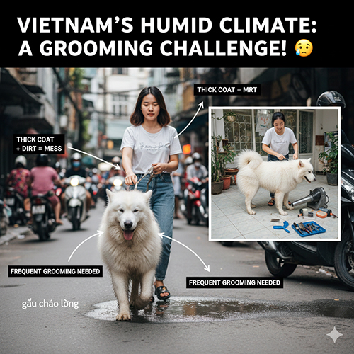 Chó Alaska trắng được dắt đi trên đường phố Việt Nam, bộ lông dày dễ bám bẩn trong khí hậu nóng ẩm