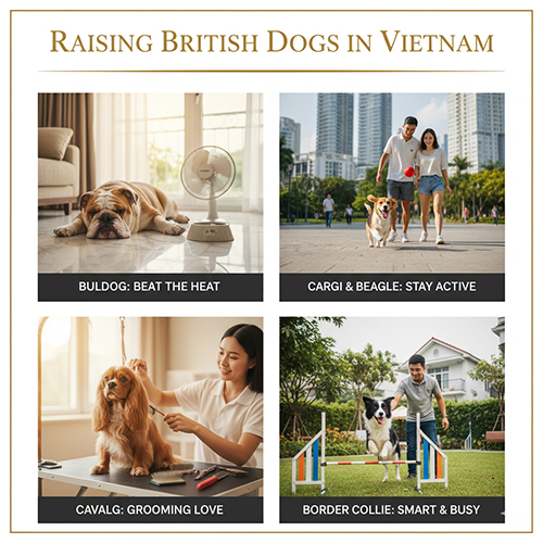 Bộ ảnh bốn khung cảnh nuôi chó Anh tại Việt Nam: Bulldog nằm trước quạt, Corgi và Beagle dạo phố, Cavalier được chải lông, Border Collie vượt chướng ngại vật