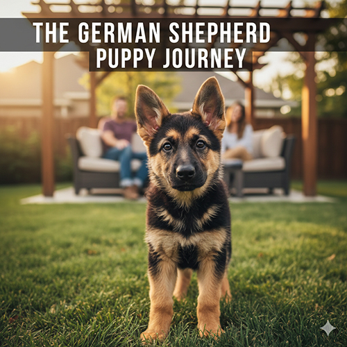 chó Becgie con đứng trên bãi cỏ trong sân nhà, nhìn thẳng vào ống kính, phía sau là gia đình đang ngồi thư giãn