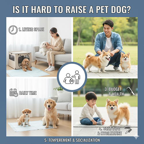 Infographic minh họa các yếu tố quan trọng khi nuôi chó cảnh tại nhà như không gian, thời gian, chi phí và tính cách