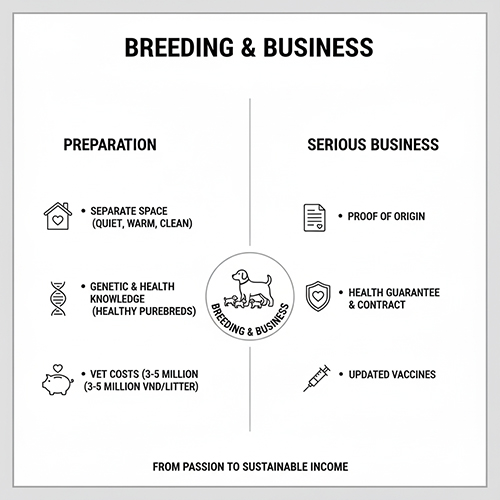 Infographic nuôi chó cảnh sinh sản và kinh doanh với các yêu cầu về không gian sức khỏe và giấy tờ
