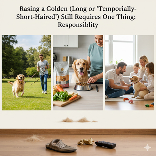 Collage 3 hình ảnh người chạy bộ, cho ăn và chơi cùng chó Golden, phía dưới là sàn nhà vương lông rụng, nhấn mạnh nuôi Golden lông dài hay tạm ngắn đều cần trách nhiệm