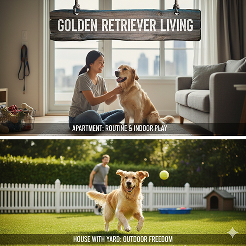 Hai bối cảnh nuôi chó Golden Retriever: trong chung cư và trong nhà có sân vườn, minh họa sự khác biệt về vận động và không gian