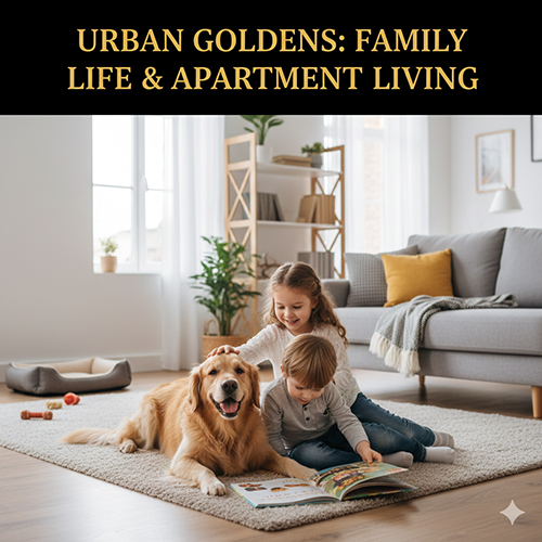 Hai bé nhỏ chơi cùng chó Golden trong phòng khách – minh họa Golden sống trong nhà và chung cư