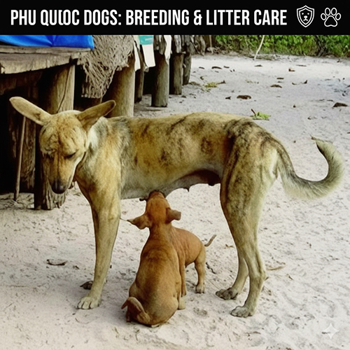 Chó Phú Quốc mẹ nuôi con ngoài bãi cát – minh họa chăm sóc sinh sản và nuôi đàn con