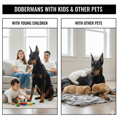 Doberman sống trong gia đình có trẻ nhỏ và thú cưng khác, cảnh chó ngồi cạnh bé và nằm chung với mèo, chó con