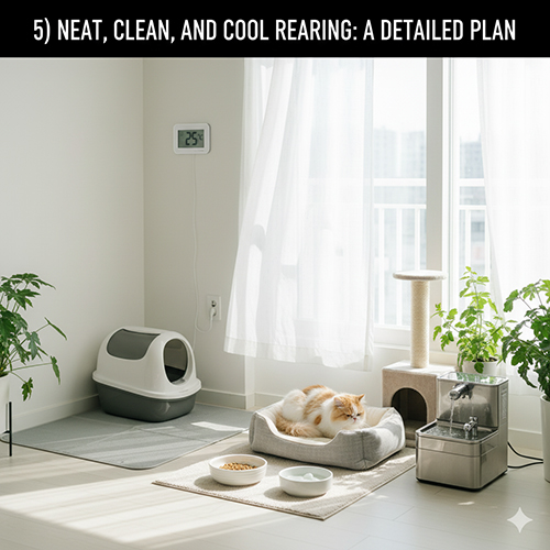 Góc nuôi mèo gọn gàng gồm khay cát, giường nằm, nhà cây và bình nước tự động trong phòng sáng