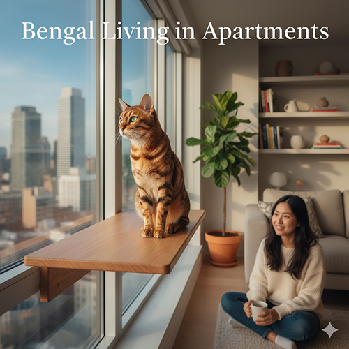 Mèo Bengal ngồi bên cửa sổ chung cư cao tầng, nhìn ra thành phố; chủ ngồi gần đó quan sát ân cần.