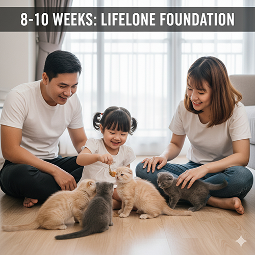 Gia đình vui vẻ ngồi trên sàn chơi cùng đàn mèo con 8–10 tuần tuổi, minh họa giai đoạn phát triển và xã hội hóa quan trọng của mèo Scottish Fold con