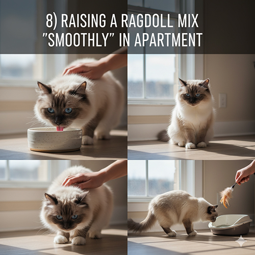 Ảnh minh họa quy trình nuôi mèo Ragdoll lai trong căn hộ gồm ăn uống, chơi đùa, vuốt ve và vận động nhẹ