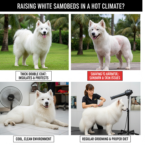 Nuôi chó Samoyed trắng ở khí hậu nóng ẩm với chăm sóc lông và môi trường phù hợp