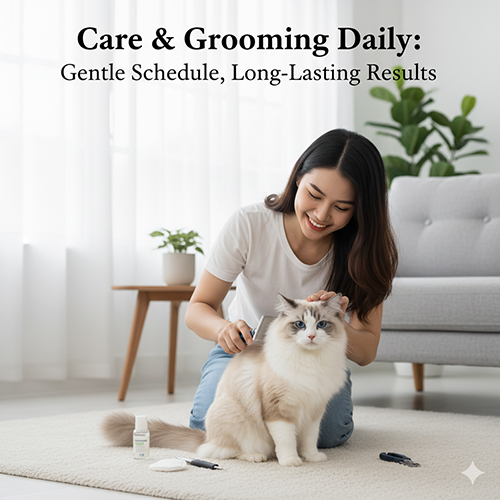Người phụ nữ đang chải lông cho mèo Ragdoll trong phòng khách sáng sủa – minh họa lịch chăm sóc hằng ngày.