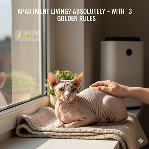 Mèo không lông nằm bên cửa sổ chung cư, được vuốt ve nhẹ, minh họa 3 điểm vàng khi nuôi trong căn hộ.