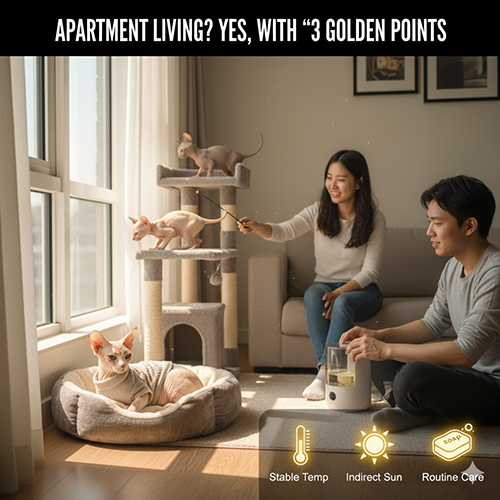 Một cặp đôi chơi với các bé mèo không lông trong căn hộ, minh họa ba điểm vàng giúp sống chung cư vẫn thoải mái cho mèo chân ngắn