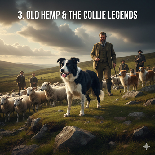 Chó Border Collie đứng trước đàn cừu cùng người chăn cừu, gợi hình ảnh Old Hemp trong lịch sử giống