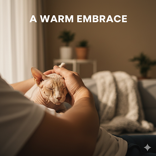 Mèo Sphynx được chủ ôm và vuốt đầu trong ánh nắng ấm trong phòng khách