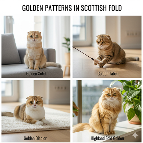 Bốn ảnh minh họa pattern golden ở Scottish Fold: solid, tabby, bicolor và Highland Fold lông dài trong ánh sáng ban ngày.
