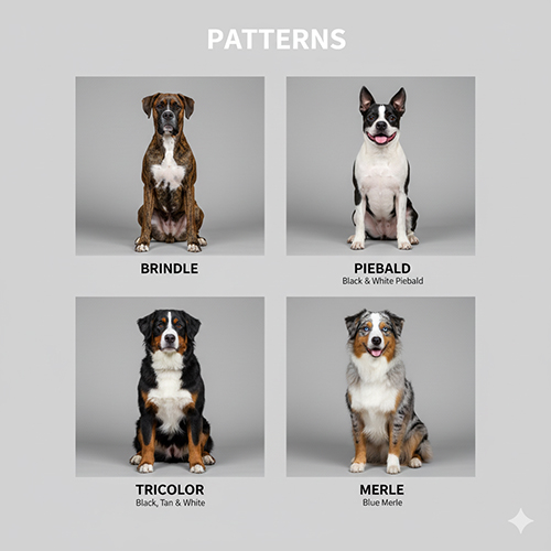 Ảnh minh họa bốn kiểu pattern lông chó phổ biến gồm brindle, piebald, tricolor và merle – giúp phân biệt hoa văn màu trên lông chó.