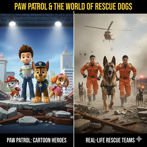 Hình minh họa Paw Patrol và các đội chó cứu hộ ngoài đời thật