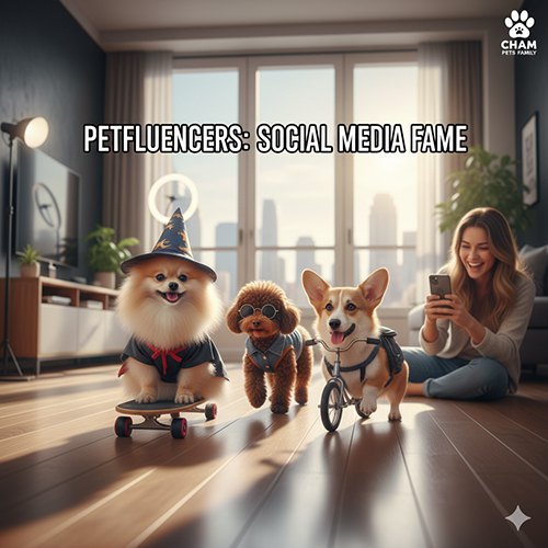 Ba chú chó cảnh Pomeranian, Poodle và Corgi tạo dáng trong căn hộ, cô gái trẻ chụp ảnh bằng điện thoại